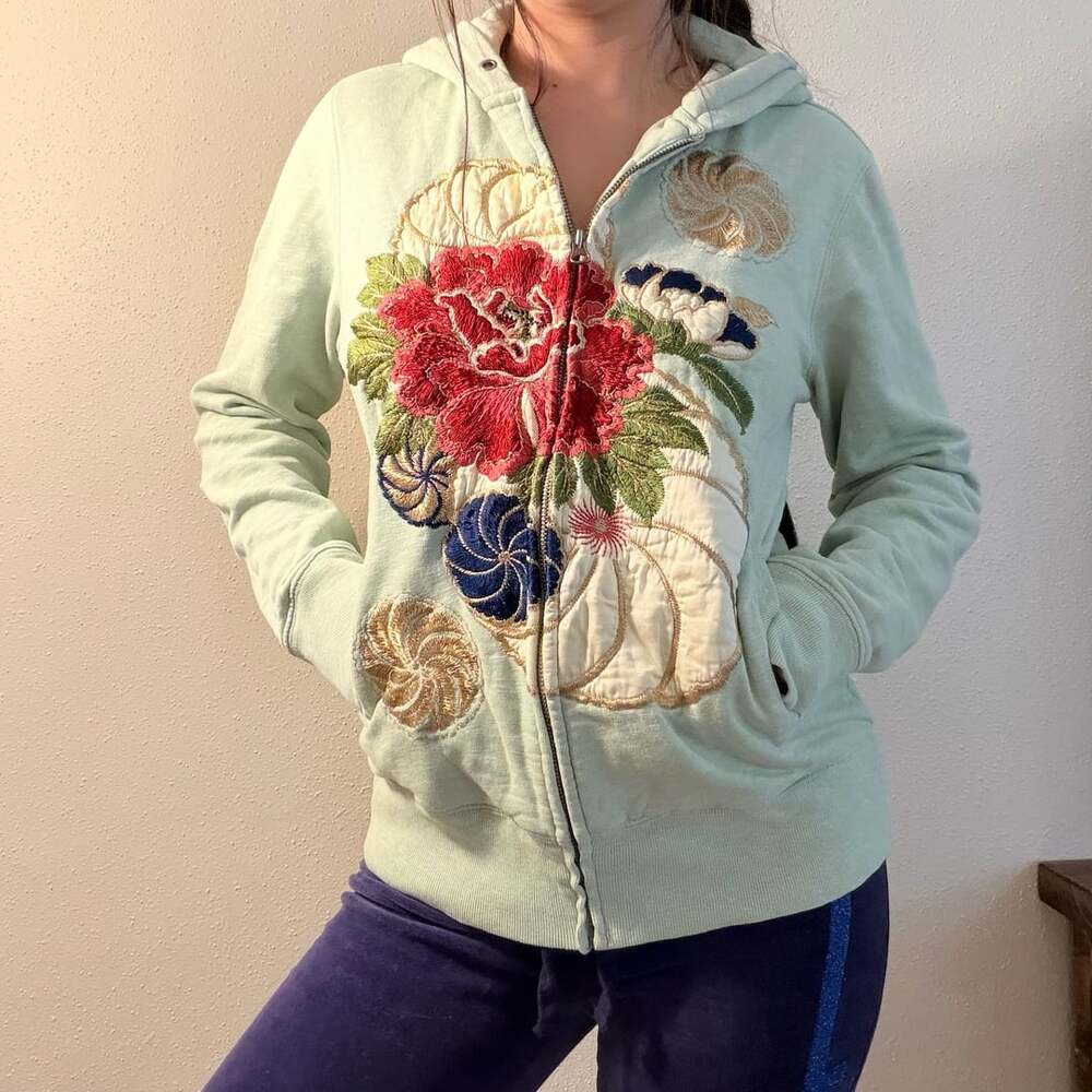 Lucky Brand Sage Green Floral Embroidered Zip-Up Hoodie